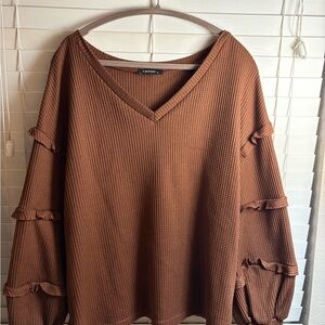 Brown V-Neck Ruffle Sleeve Sweater